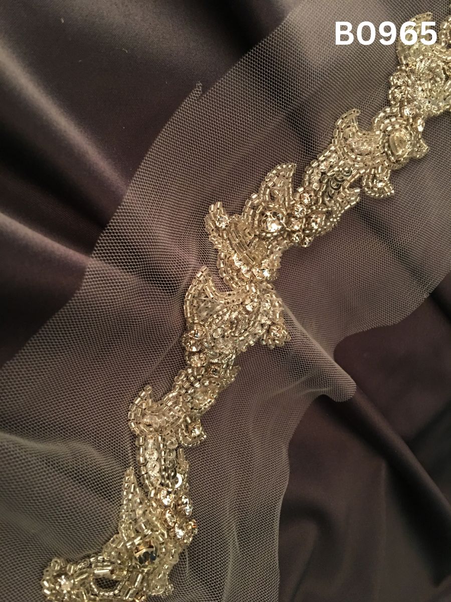 #B0965 Shimmering Silver Statement: Hand-Beaded Abstract Design Trim with Rhinestones & Premium Beads