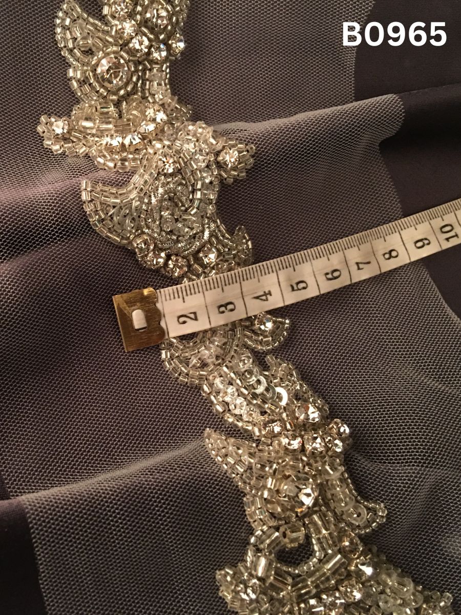 #B0965 Shimmering Silver Statement: Hand-Beaded Abstract Design Trim with Rhinestones & Premium Beads