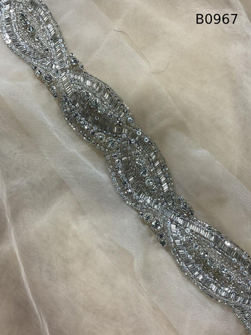 #B0967 Striking Abstract Design Trim Beaded with Various Types of Beads and Rhinestones – A Modern, Luxurious Embellishment for Couture Fashion, Bridal, Evening Wear