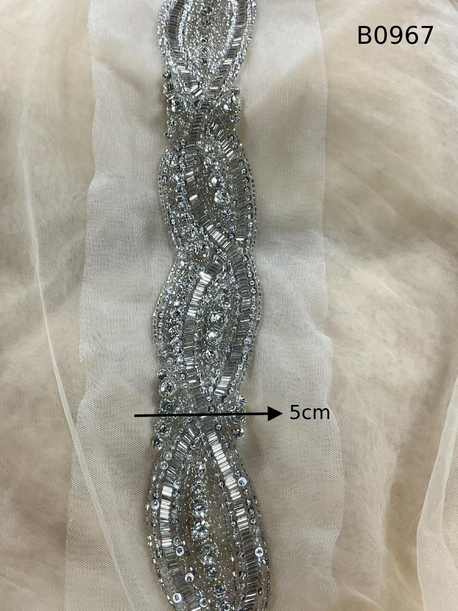 #B0967 Striking Abstract Design Trim Beaded with Various Types of Beads and Rhinestones – A Modern, Luxurious Embellishment for Couture Fashion, Bridal, Evening Wear