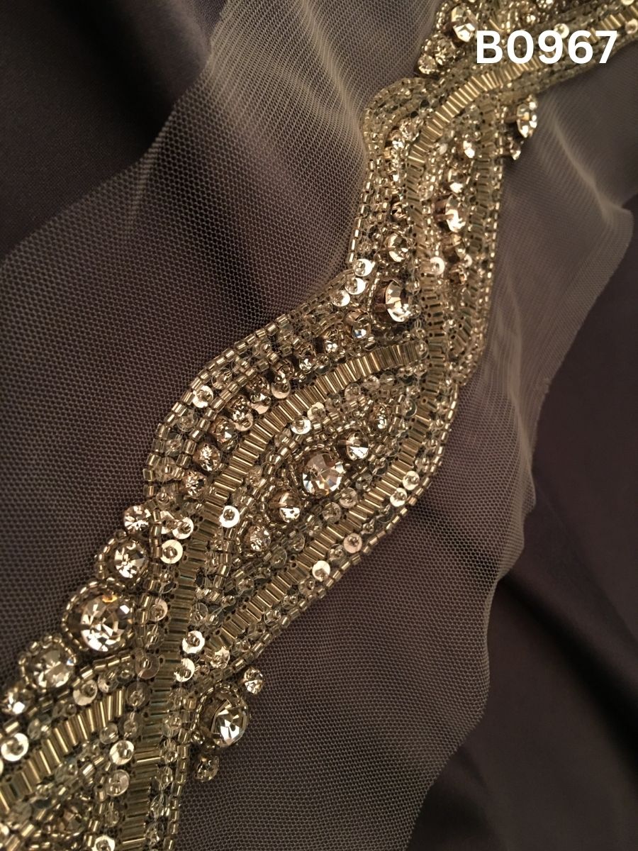 #B0967 Striking Hand-Beaded Trim in Asymmetric Design – Embellished with Beads, Sequins, Rhinestones, and Tube Beads for Couture Fashion Accents