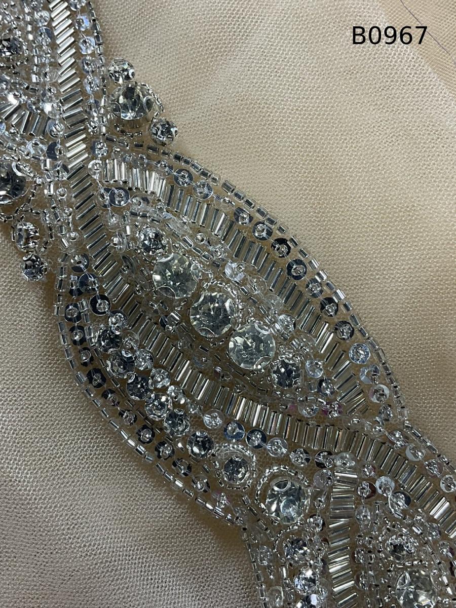 #B0967 Striking Abstract Design Trim Beaded with Various Types of Beads and Rhinestones – A Modern, Luxurious Embellishment for Couture Fashion, Bridal, Evening Wear