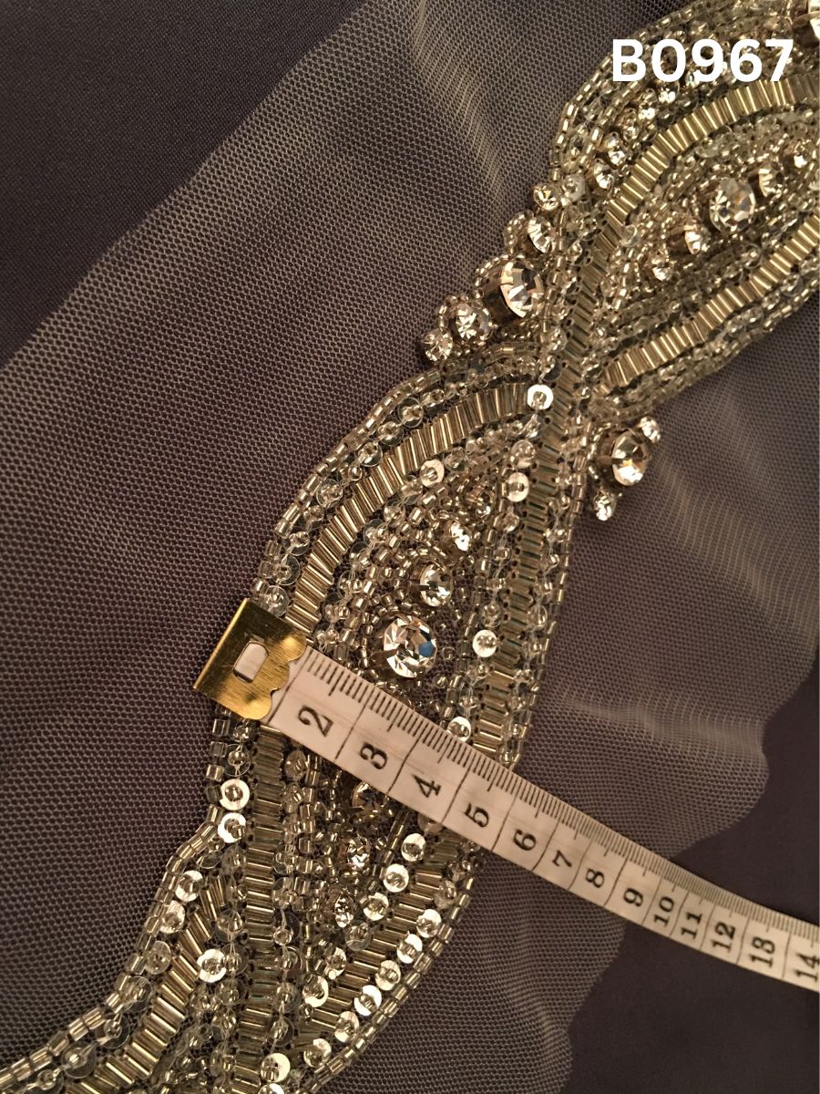 #B0967 Striking Hand-Beaded Trim in Asymmetric Design – Embellished with Beads, Sequins, Rhinestones, and Tube Beads for Couture Fashion Accents