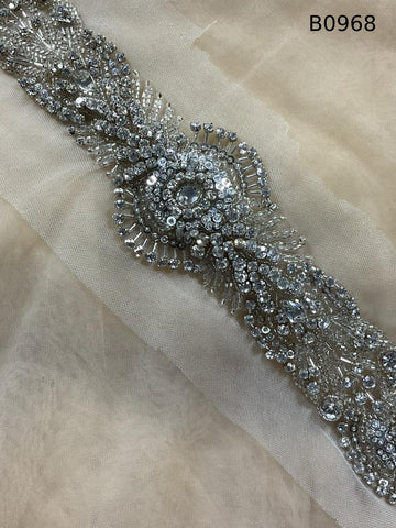 #B0968 Elegant Floral Design Trim Beaded with Various Types of Beads and Rhinestones – A Luxurious Embellishment for Couture Fashion, Bridal, Evening Wear