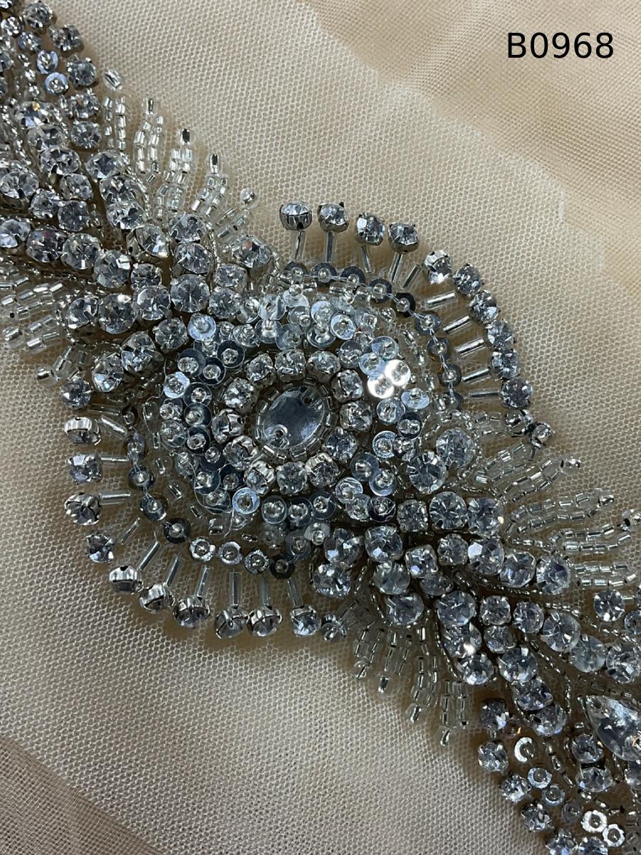 #B0968 Elegant Floral Design Trim Beaded with Various Types of Beads and Rhinestones – A Luxurious Embellishment for Couture Fashion, Bridal, Evening Wear