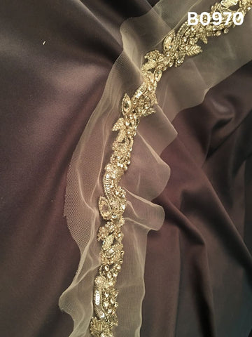 #B0970 Exquisite Hand-Beaded Trim in Floral Design – Lavishly Embellished with Beads, Sequins, Rhinestones, and Tube Beads for Luxe Detailing