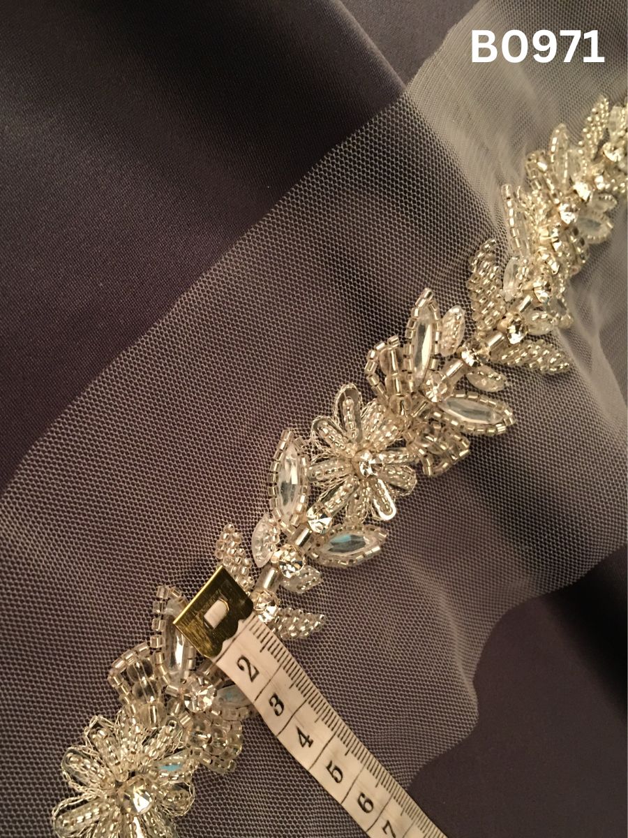 #B0971 Luxurious Hand-Beaded Trim in Floral Design – Embellished with Exotic Beads, Shimmering Sequins, and Sparkling Crystals for Couture Detailing