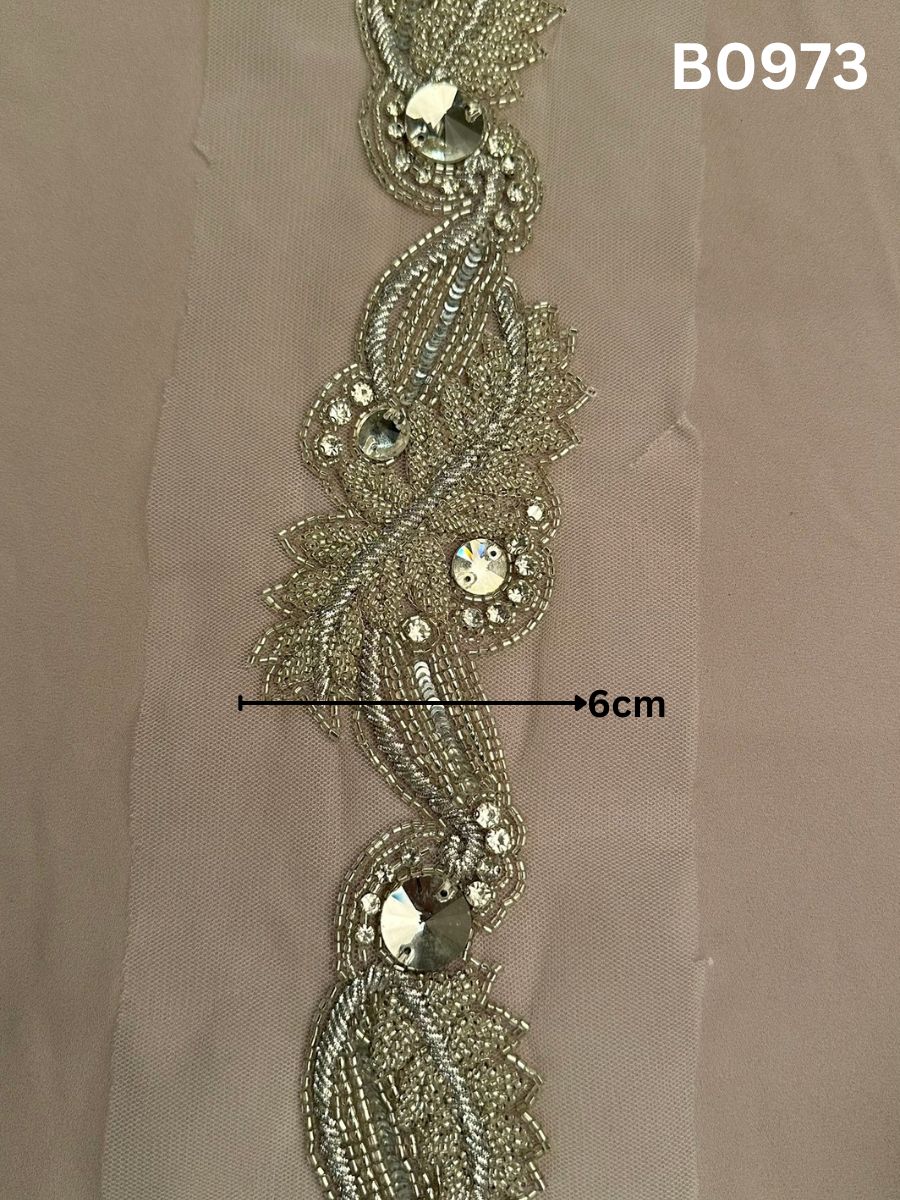 #B0973 Opulent Hand-Beaded Floral Trim with Rhinestones, Beads, and Thread Work