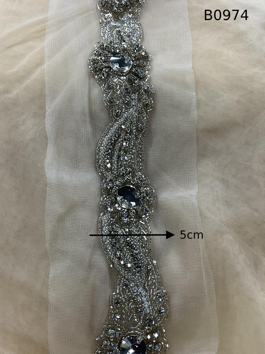 #B0974 Exquisite Floral Design Trim Beaded with Various Types of Beads and Rhinestones – A Luxurious Embellishment for Couture Fashion, Bridal, Evening Wear