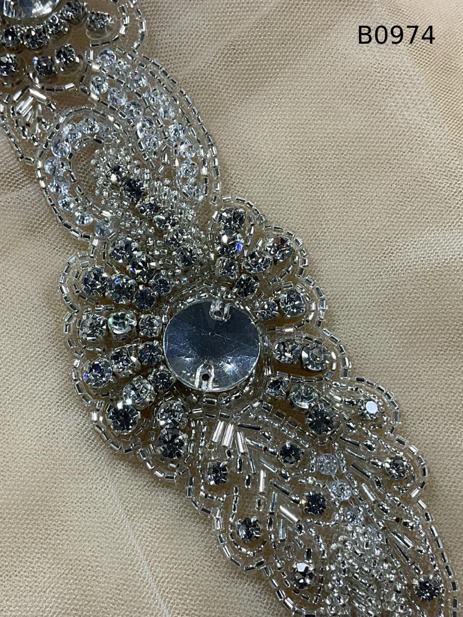 #B0974 Exquisite Floral Design Trim Beaded with Various Types of Beads and Rhinestones – A Luxurious Embellishment for Couture Fashion, Bridal, Evening Wear