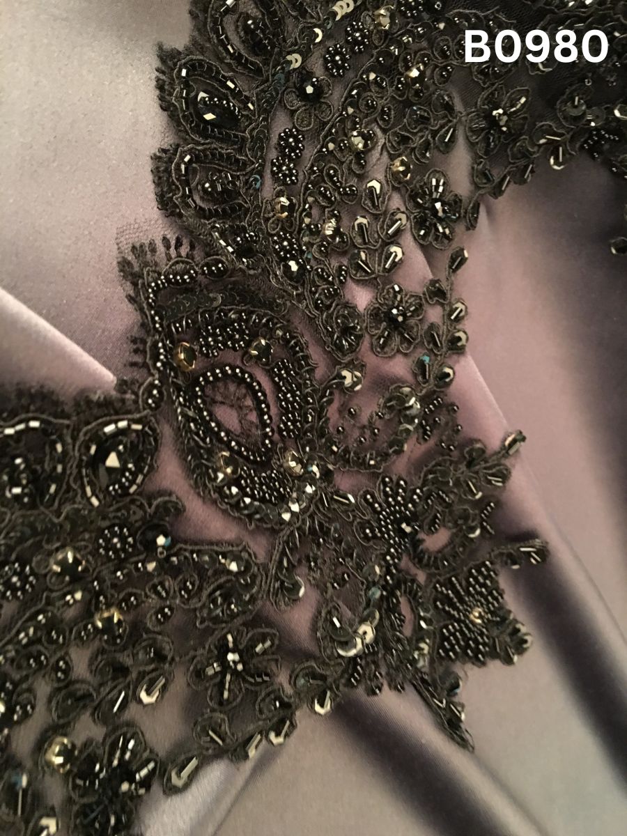 #B0980 Statement Hand-Beaded Trim in Asymmetric Design – Embellished with Exotic Beads, Sparkling Rhinestones, Crystals & Sequins for High Fashion Detailing