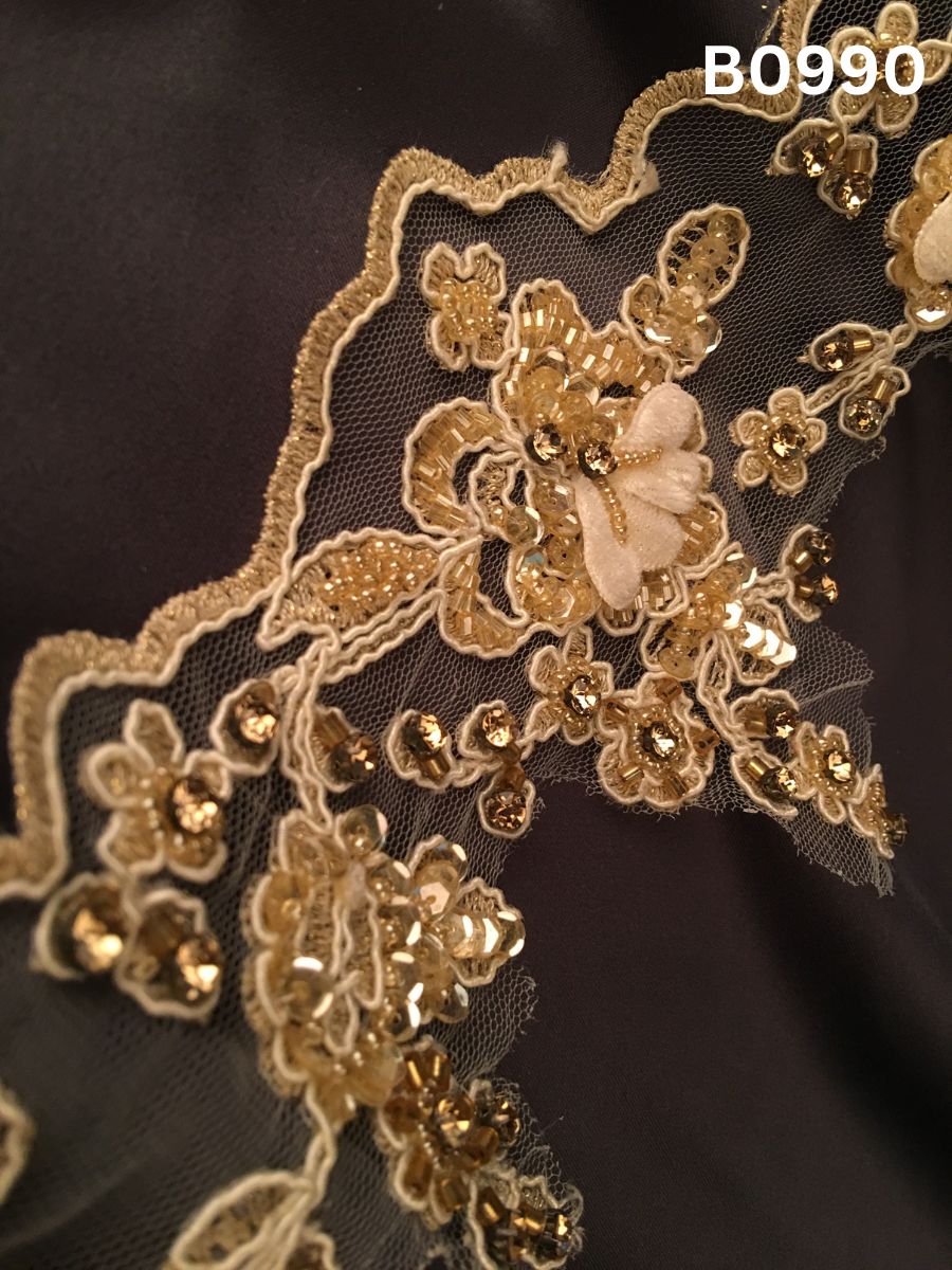#B0990 Opulent Hand-Beaded Floral Trim – Embellished with Beads, Rhinestones, Sequins & Crystals