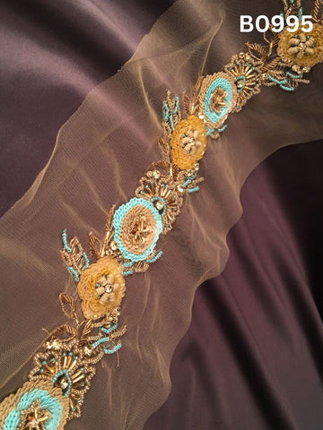 #B0995 Exquisite Hand-Beaded Trim in Floral Design – Lavishly Embellished with Beads, Sequins, Rhinestones, and Tube Beads for Luxurious Couture Detailing