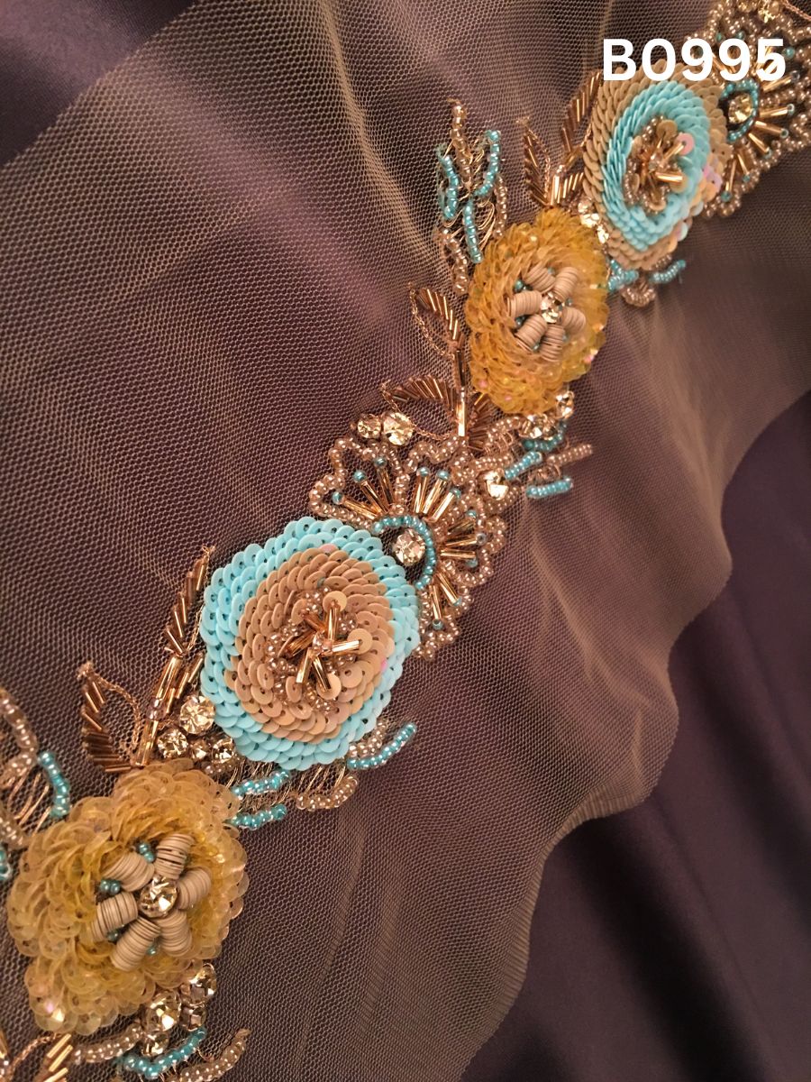 #B0995 Exquisite Hand-Beaded Trim in Floral Design – Lavishly Embellished with Beads, Sequins, Rhinestones, and Tube Beads for Luxurious Couture Detailing