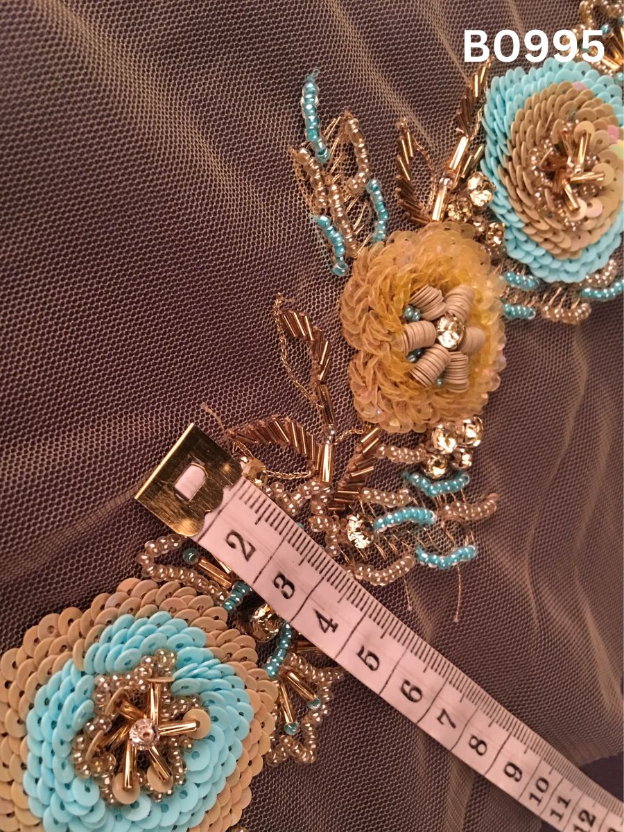 #B0995 Exquisite Hand-Beaded Trim in Floral Design – Lavishly Embellished with Beads, Sequins, Rhinestones, and Tube Beads for Luxurious Couture Detailing