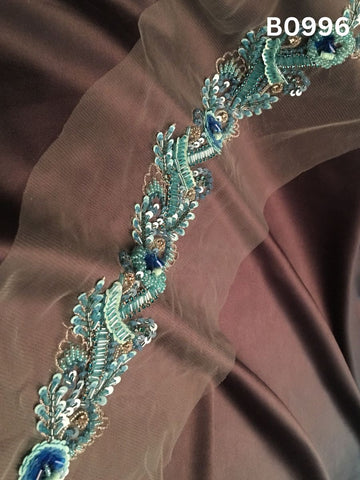 #B0996 Elegant Hand-Beaded Trim in Floral Design – Intricately Embellished with Glass Beads, Sequins, Rhinestones, and Tube Beads for Luxe Embroidery and Designer Accents