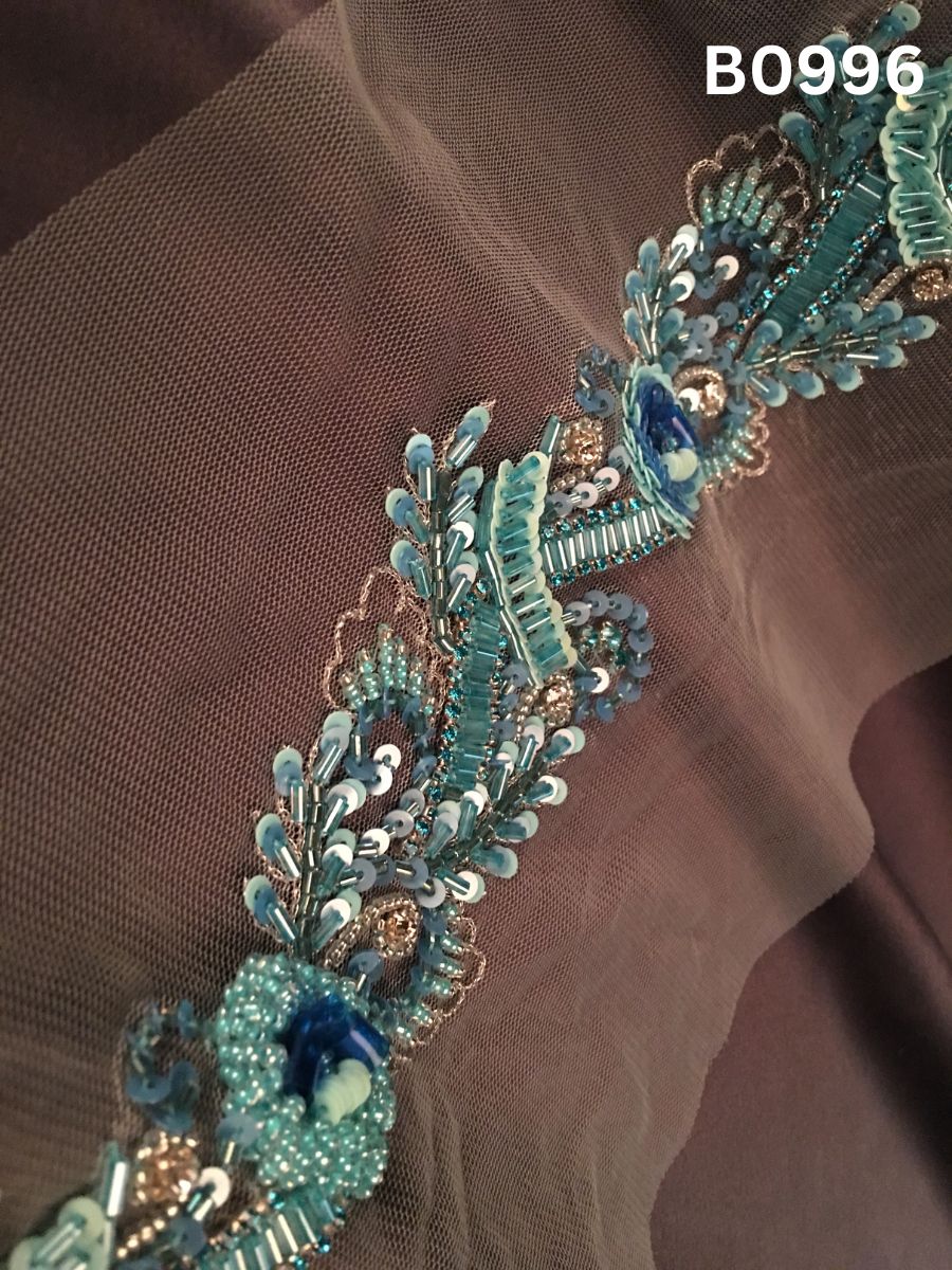 #B0996 Elegant Hand-Beaded Trim in Floral Design – Intricately Embellished with Glass Beads, Sequins, Rhinestones, and Tube Beads for Luxe Embroidery and Designer Accents