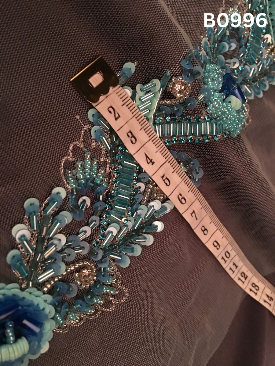 #B0996 Elegant Hand-Beaded Trim in Floral Design – Intricately Embellished with Glass Beads, Sequins, Rhinestones, and Tube Beads for Luxe Embroidery and Designer Accents