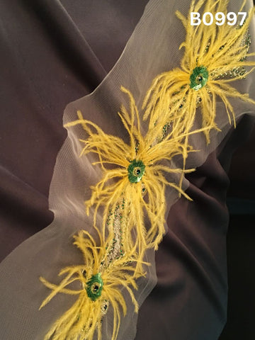 #B0997 Artisan Hand-Beaded Trim with Floral Design – Intricately Embellished with Beads, Sequins, Rhinestones, and Feathers for Couture Fashion and Decorative Detailing