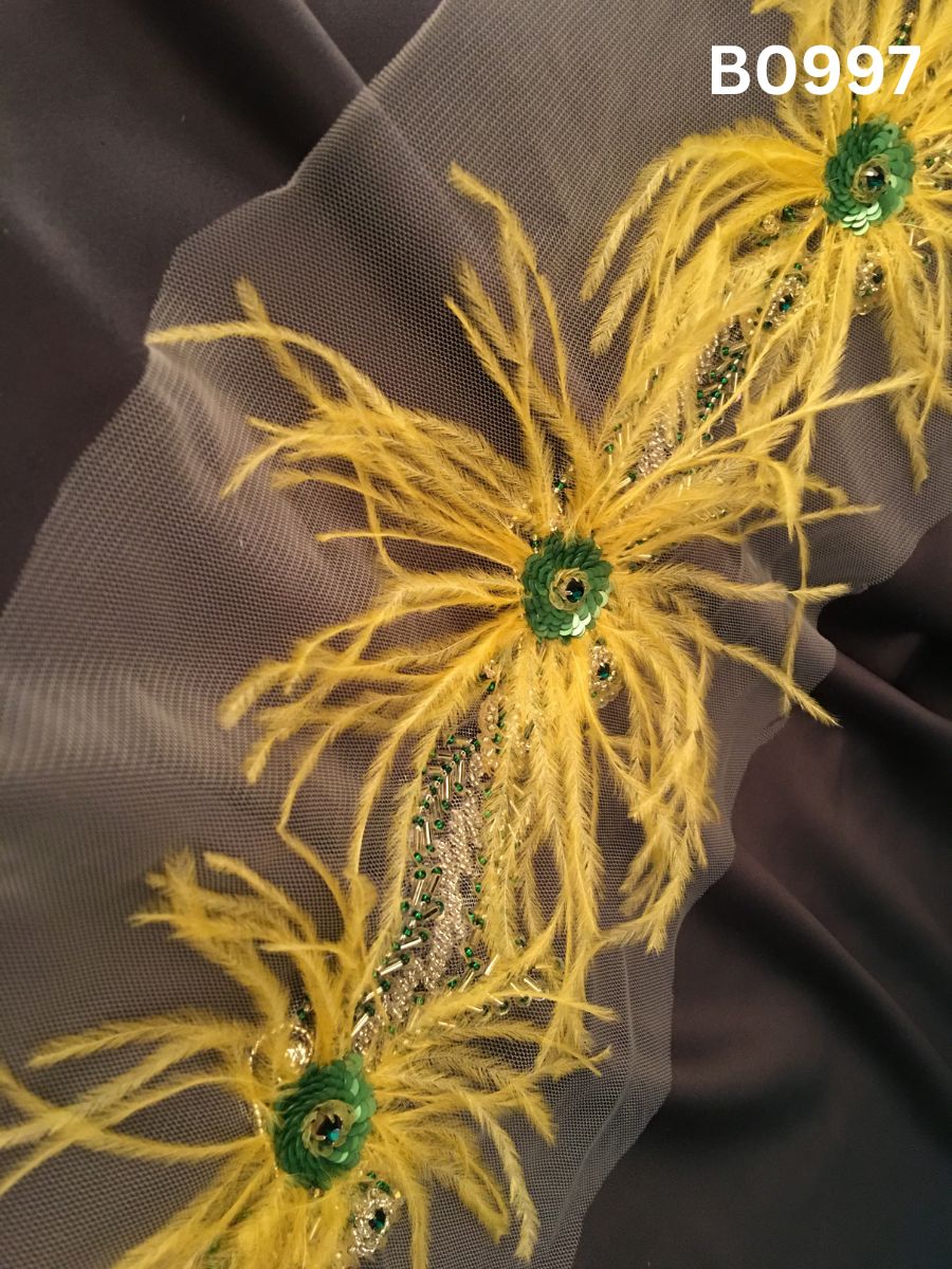 #B0997 Artisan Hand-Beaded Trim with Floral Design – Intricately Embellished with Beads, Sequins, Rhinestones, and Feathers for Couture Fashion and Decorative Detailing
