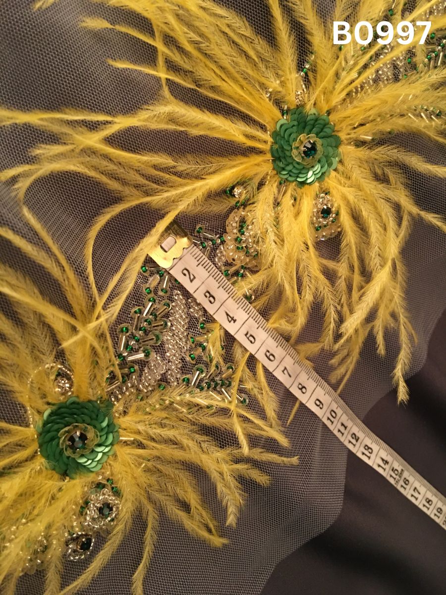 #B0997 Artisan Hand-Beaded Trim with Floral Design – Intricately Embellished with Beads, Sequins, Rhinestones, and Feathers for Couture Fashion and Decorative Detailing