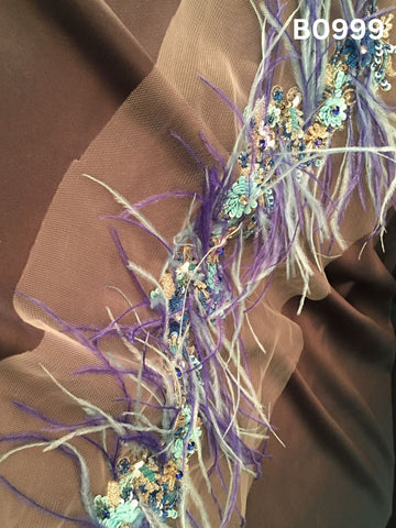 #B0999 Luxurious Hand-Beaded Trim in Floral Design – Embellished with Beads, Sequins, Rhinestones, and Feathers for Couture Detailing and High-Fashion Accents
