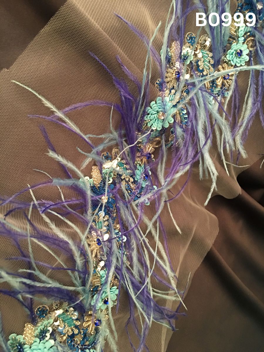 #B0999 Luxurious Hand-Beaded Trim in Floral Design – Embellished with Beads, Sequins, Rhinestones, and Feathers for Couture Detailing and High-Fashion Accents