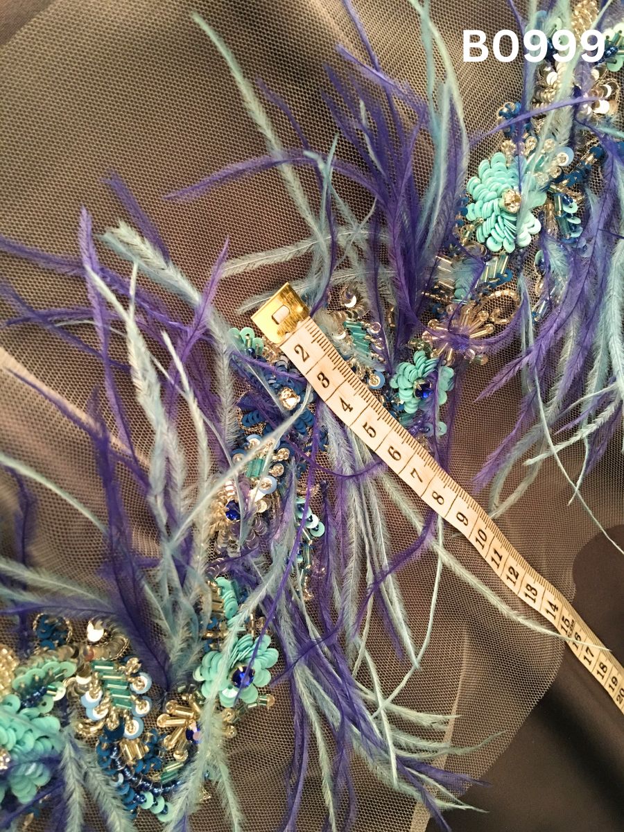 #B0999 Luxurious Hand-Beaded Trim in Floral Design – Embellished with Beads, Sequins, Rhinestones, and Feathers for Couture Detailing and High-Fashion Accents