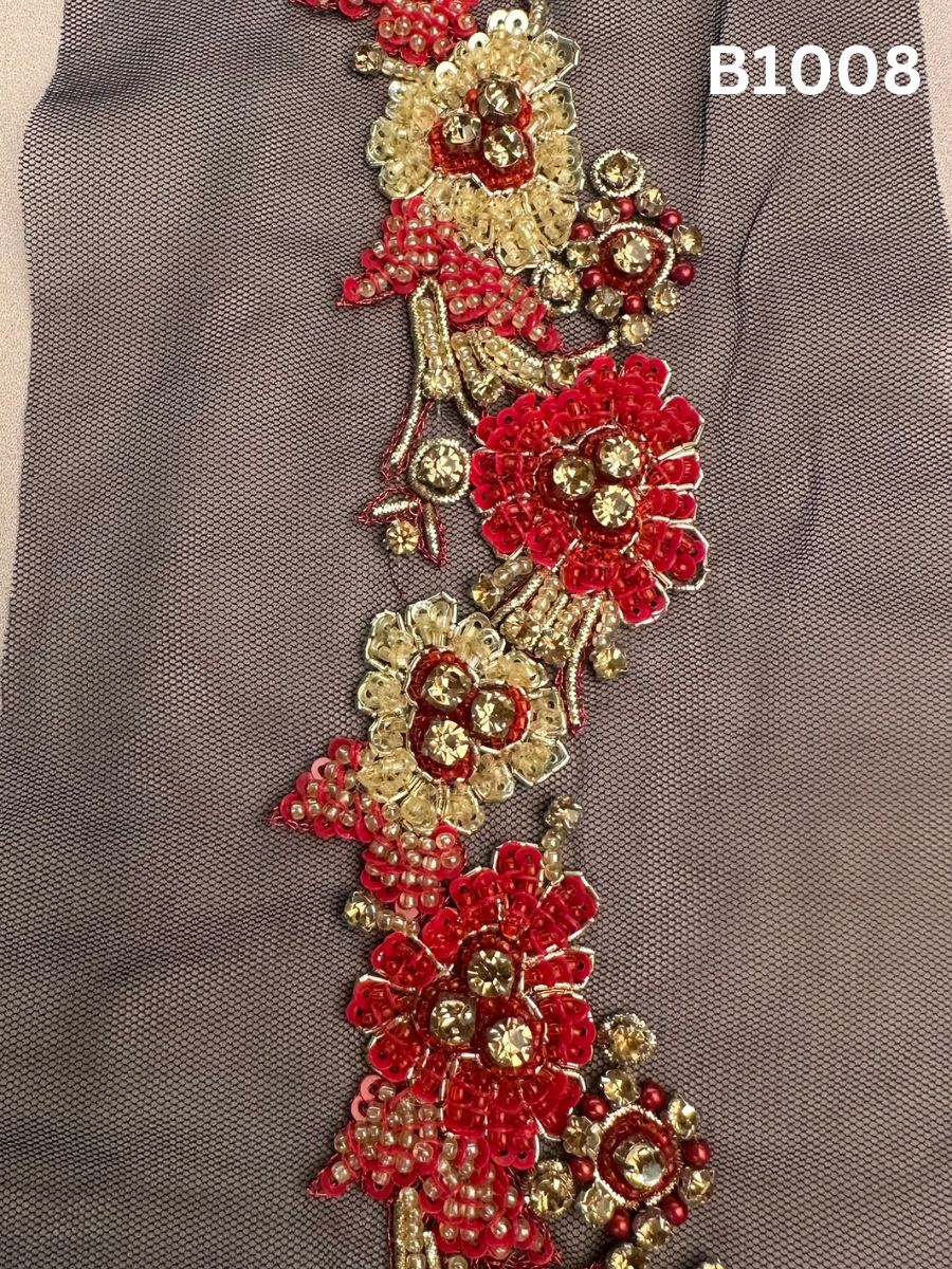 #B1008 Stunning Hand-Beaded Floral Trim with Beads, Sequins, and Rhinestones