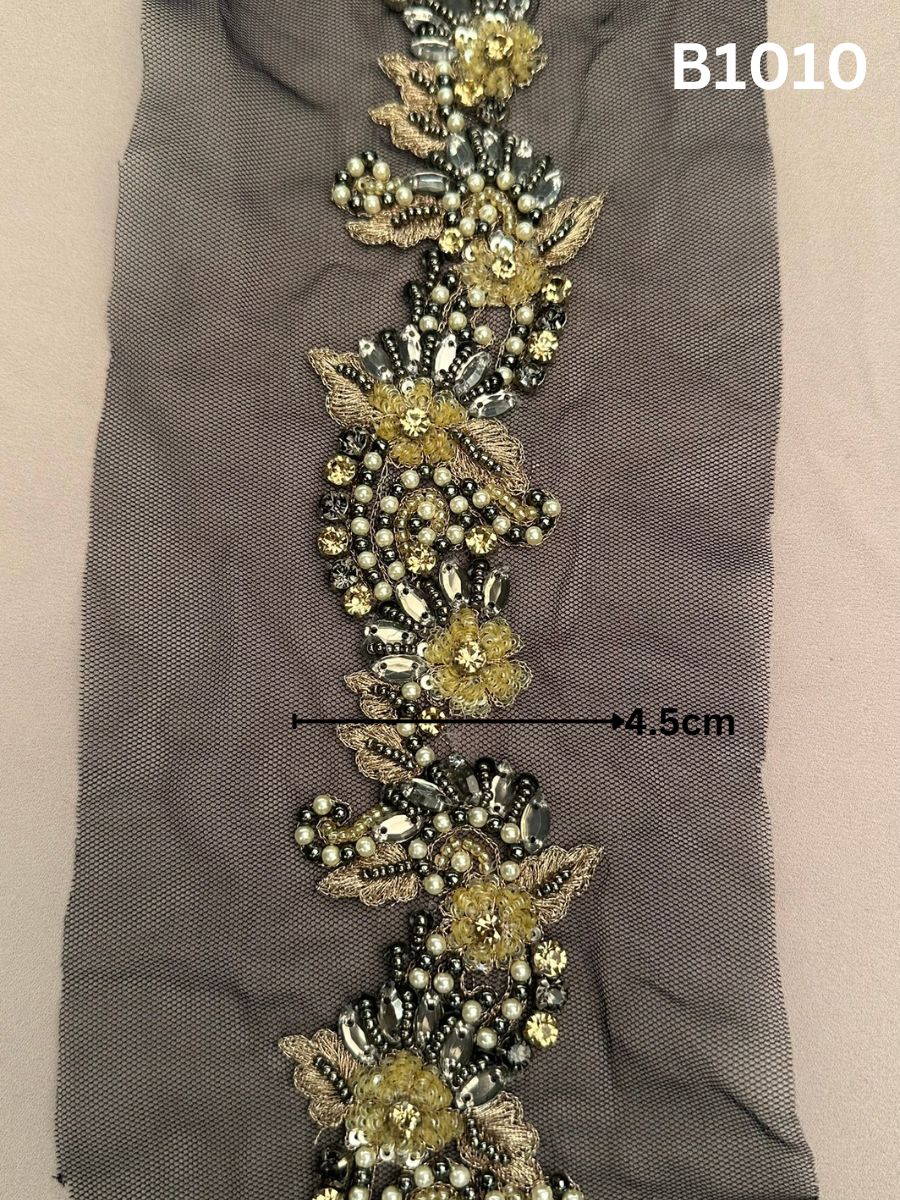 #B1010 Exquisite Hand-Beaded Floral Gold and Silver Trim with Sequins, Beads, Rhinestones, and Thread Work