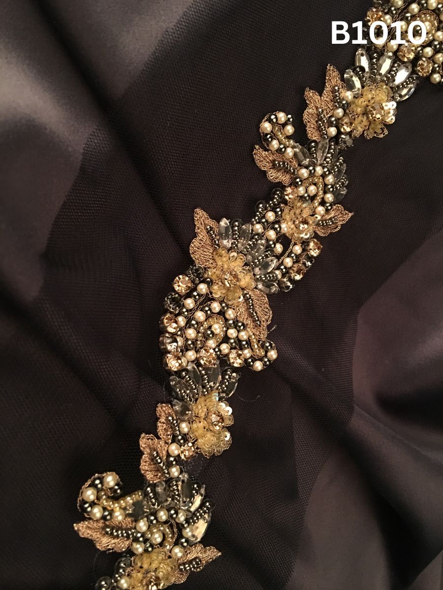 #B1010 Exquisite Hand-Beaded Trim in Abstract Design – Lavishly Embellished with Glass Beads, Sequins, Rhinestones, Pearls, and Crystals for Luxe Fashion and Couture Embellishment
