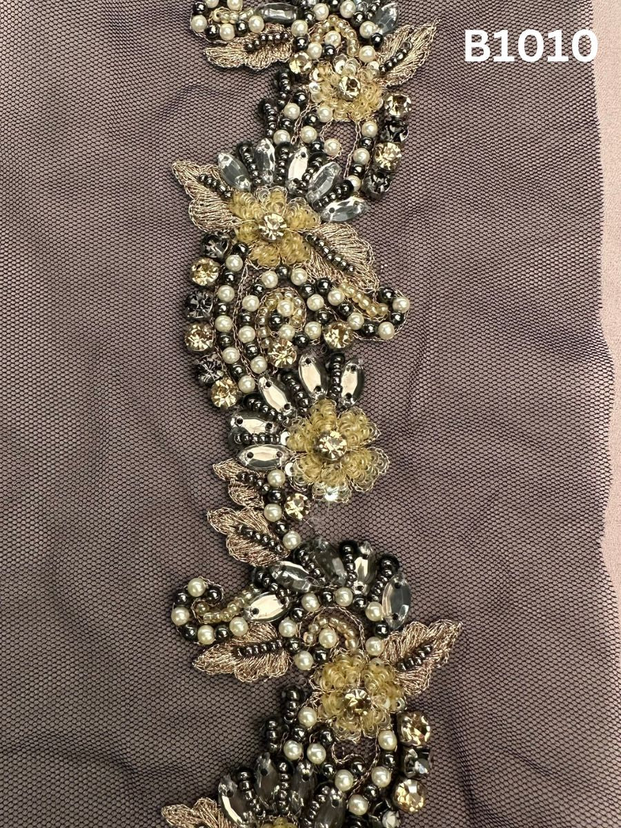 #B1010 Exquisite Hand-Beaded Floral Gold and Silver Trim with Sequins, Beads, Rhinestones, and Thread Work