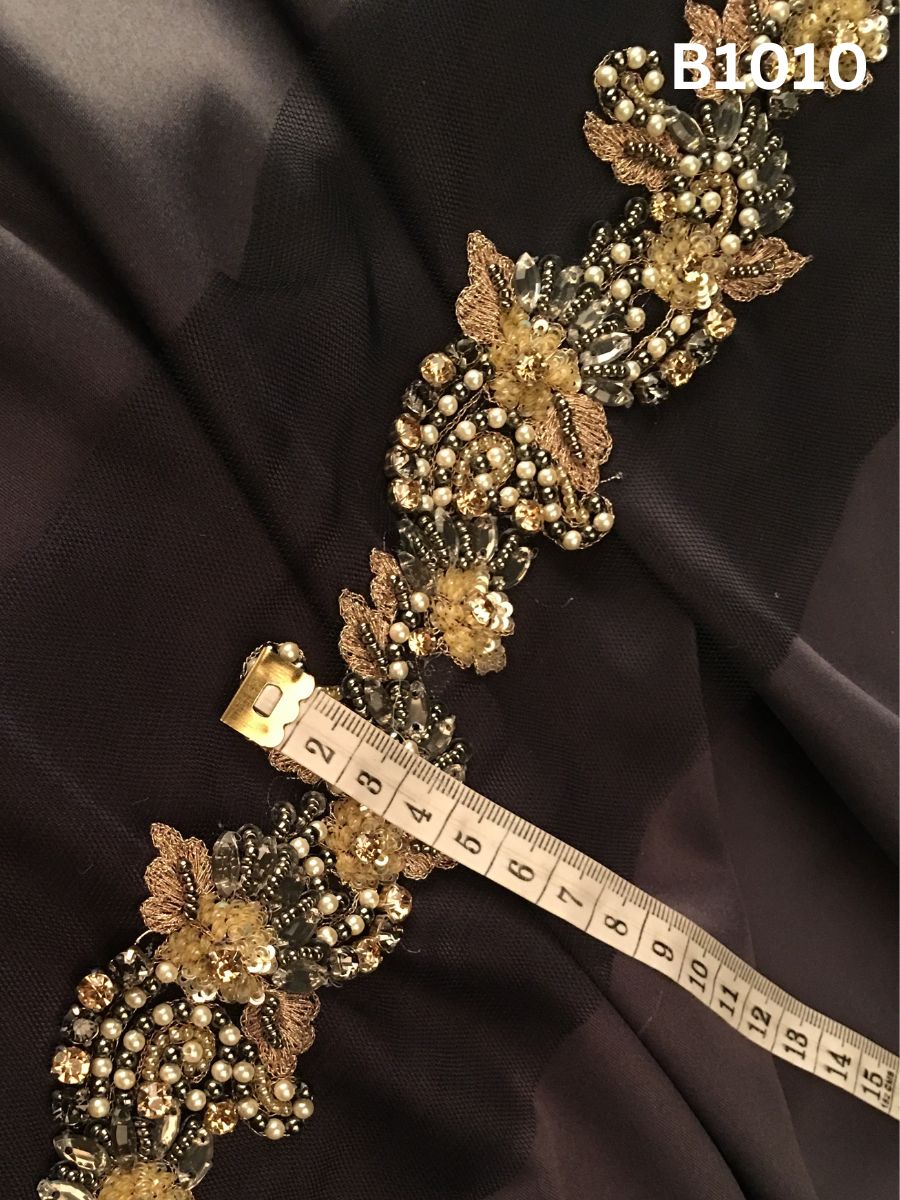 #B1010 Exquisite Hand-Beaded Trim in Abstract Design – Lavishly Embellished with Glass Beads, Sequins, Rhinestones, Pearls, and Crystals for Luxe Fashion and Couture Embellishment
