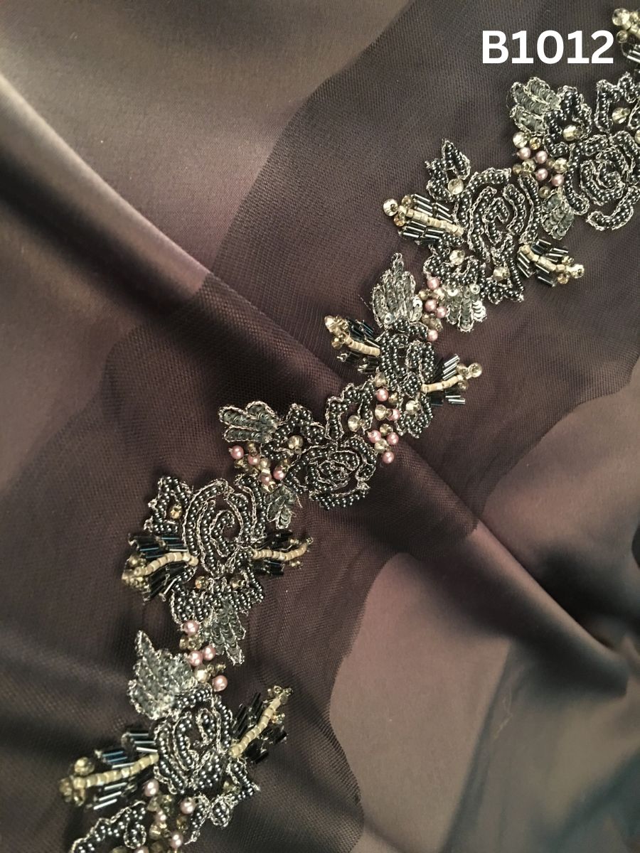 #B1012 Dramatic Hand-Beaded Trim in Floral Design – Exquisitely Embellished with Glass Beads, Sequins, and Tube Beads for Couture, Eveningwear, and Luxury Fashion