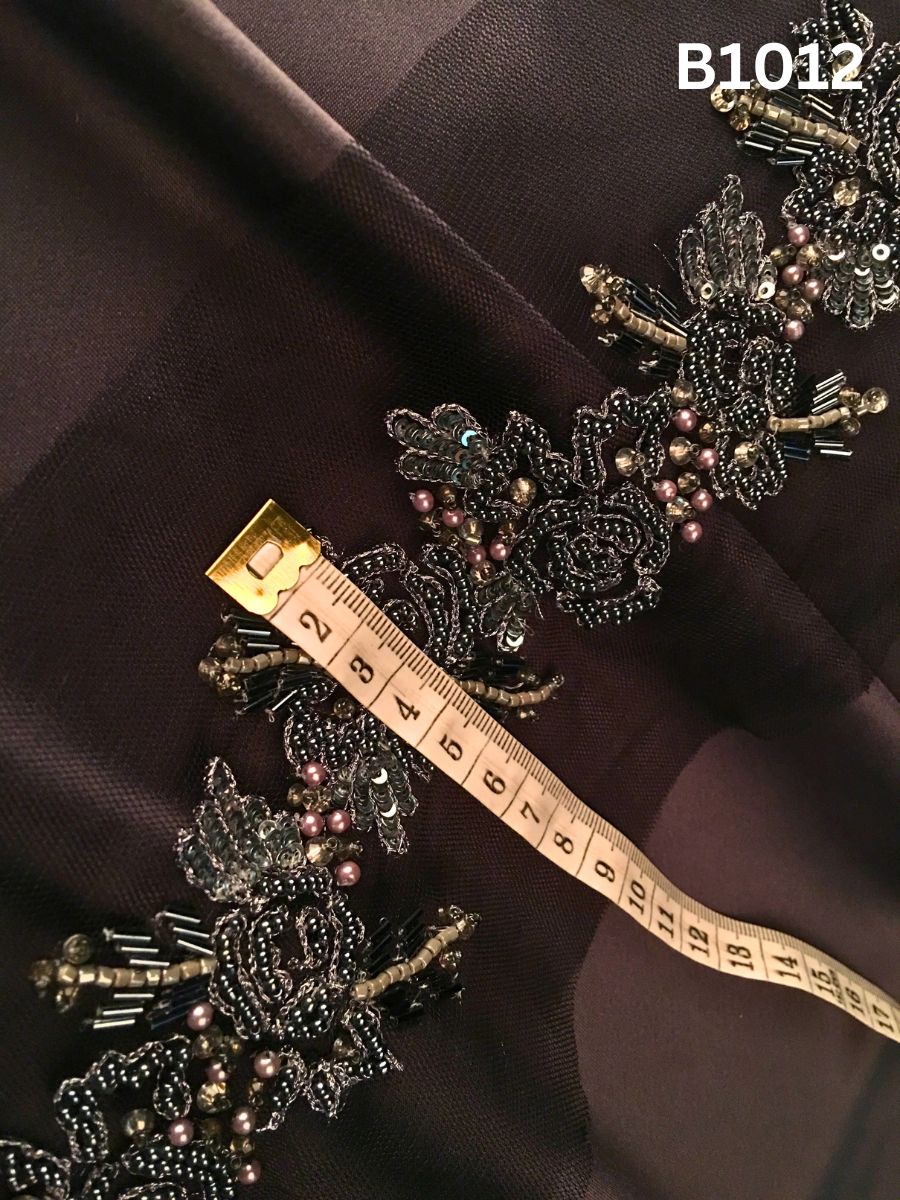 #B1012 Dramatic Hand-Beaded Trim in Floral Design – Exquisitely Embellished with Glass Beads, Sequins, and Tube Beads for Couture, Eveningwear, and Luxury Fashion