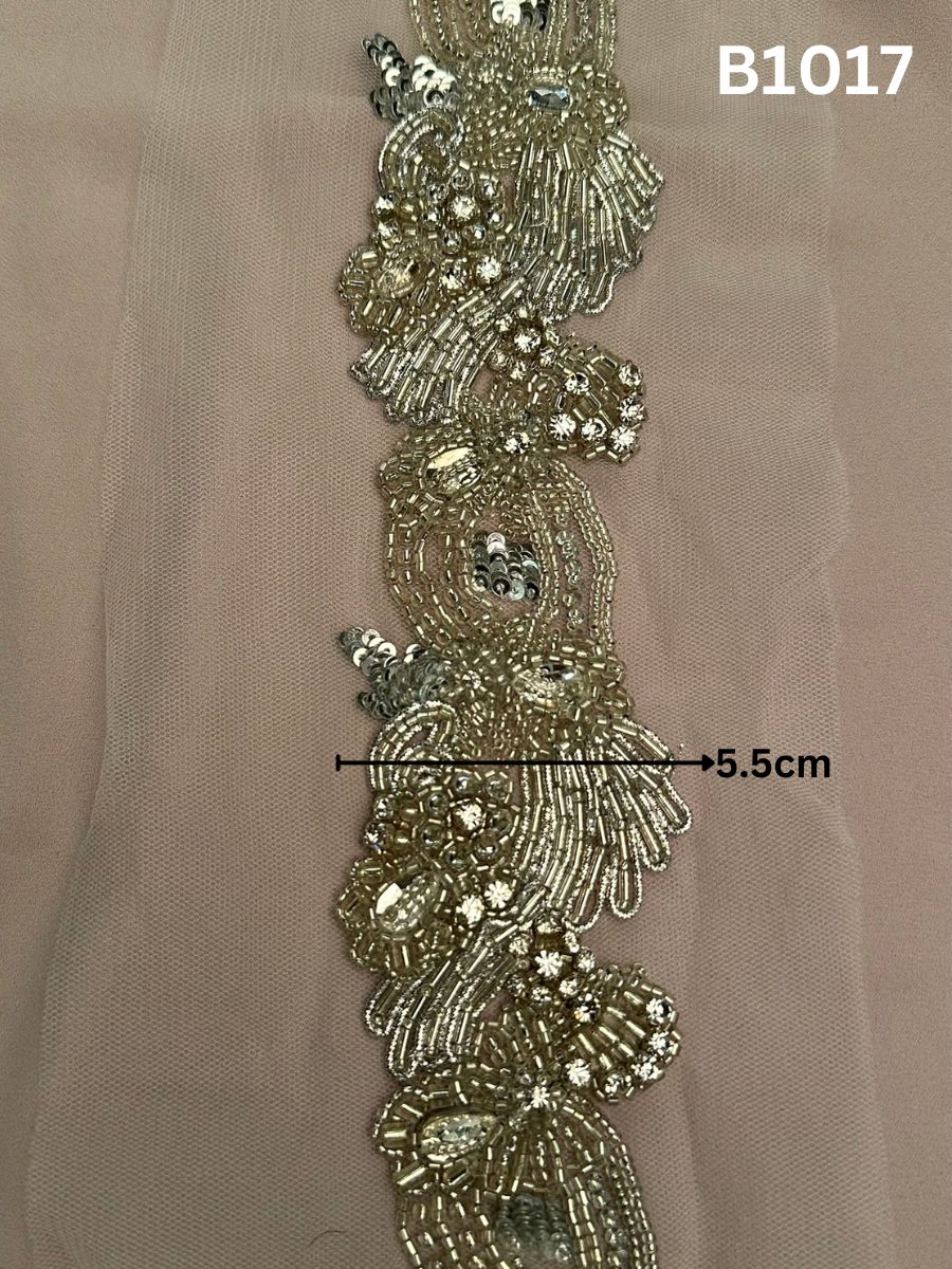 #B1017 Luxurious Hand-Beaded Abstract Design Trim with Sequins, Beads, and Rhinestones