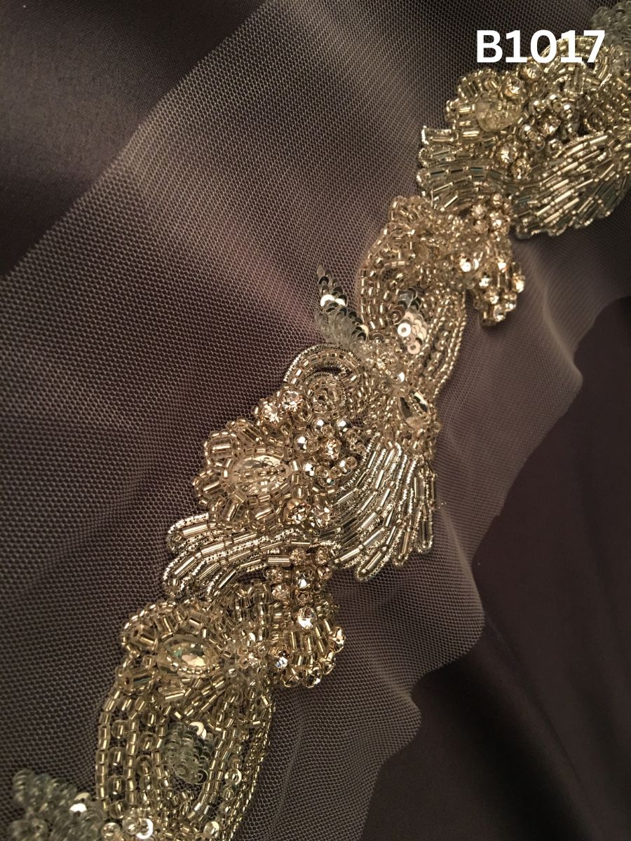 #B1017 Opulent Hand-Beaded Trim in Abstract Design – Embellished with Glass Beads, Sparkling Rhinestones, and Faceted Crystals for Luxe Couture Detailing
