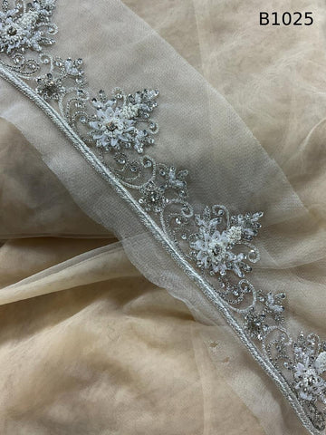 #B1025 Luxurious Floral Design Trim Beaded with Appliques, Thread Work, Beads, and Rhinestones – An Exquisite Embellishment for Couture Fashion, Bridal, Evening Wear