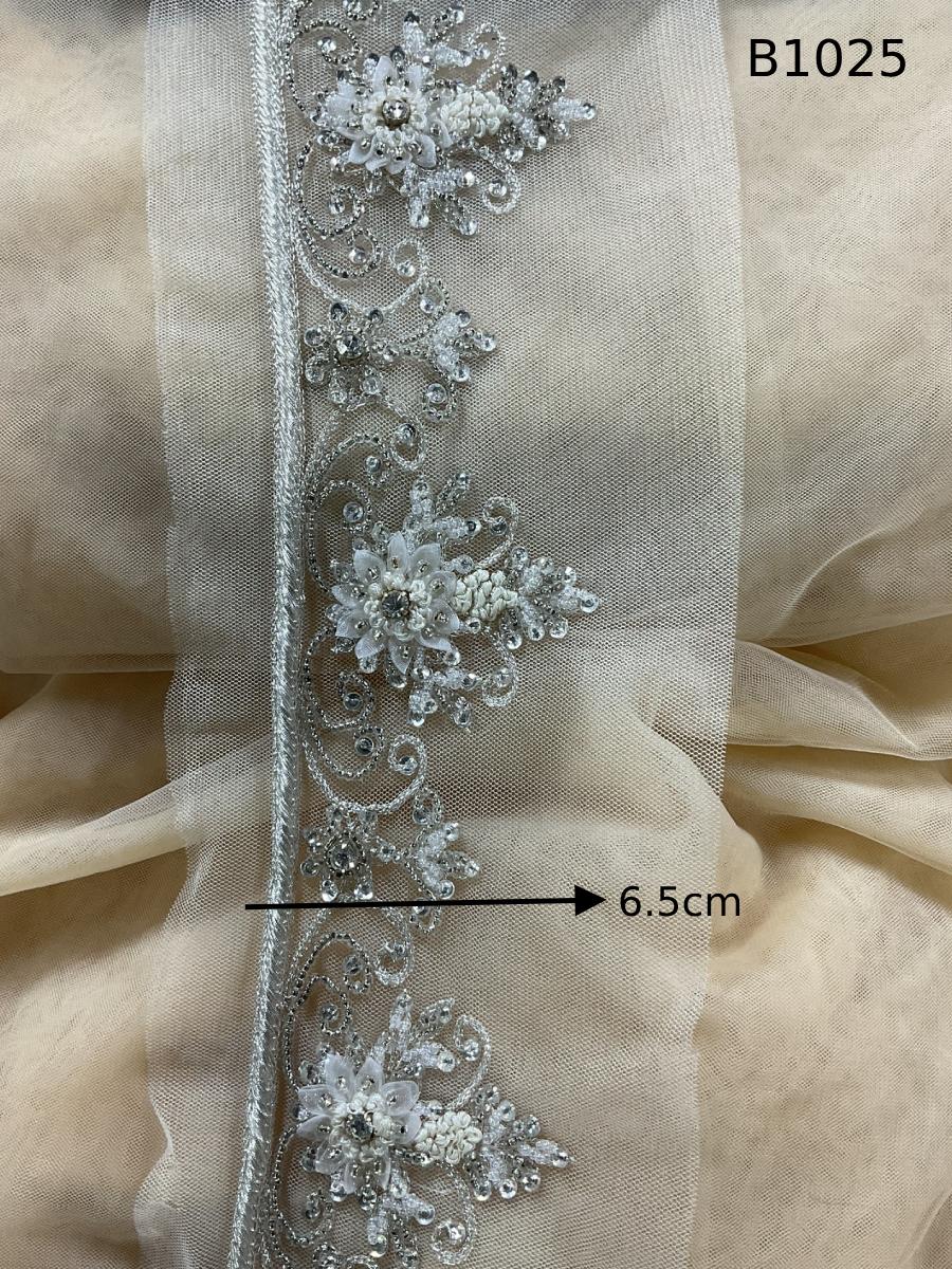 #B1025 Luxurious Floral Design Trim Beaded with Appliques, Thread Work, Beads, and Rhinestones – An Exquisite Embellishment for Couture Fashion, Bridal, Evening Wear