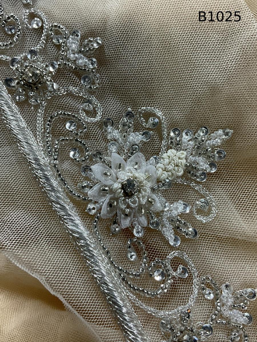 #B1025 Luxurious Floral Design Trim Beaded with Appliques, Thread Work, Beads, and Rhinestones – An Exquisite Embellishment for Couture Fashion, Bridal, Evening Wear