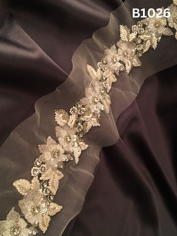 #B1026 Elegant Hand-Beaded Trim in Floral Design