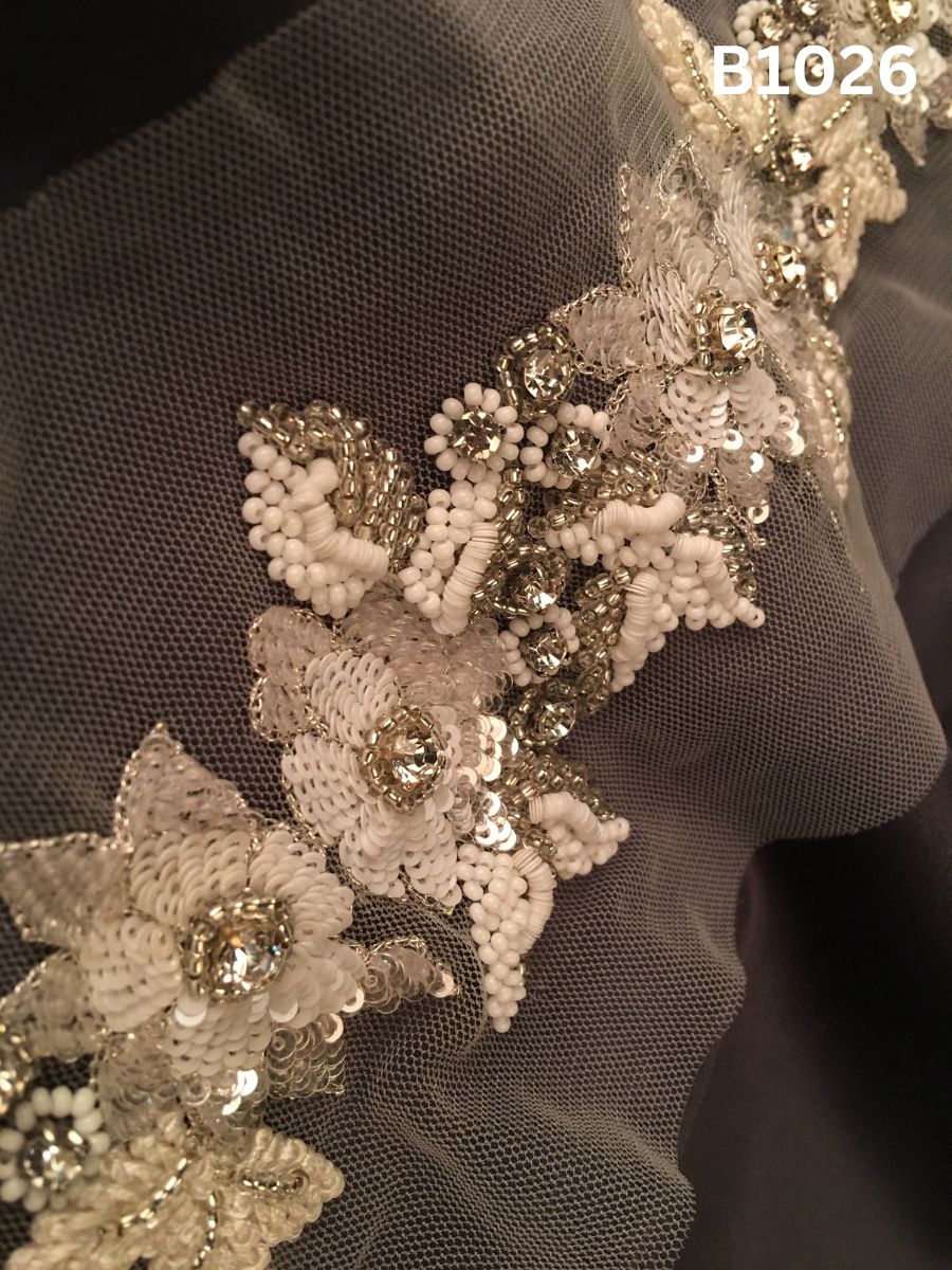 #B1026 Elegant Hand-Beaded Trim in Floral Design