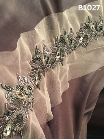 #B1027 Sophisticated Hand-Beaded Trim in Asymmetric Design – Embellished with Beads, Rhinestones, French Knots, and Sequins for Avant-Garde Couture and Luxury Detailing