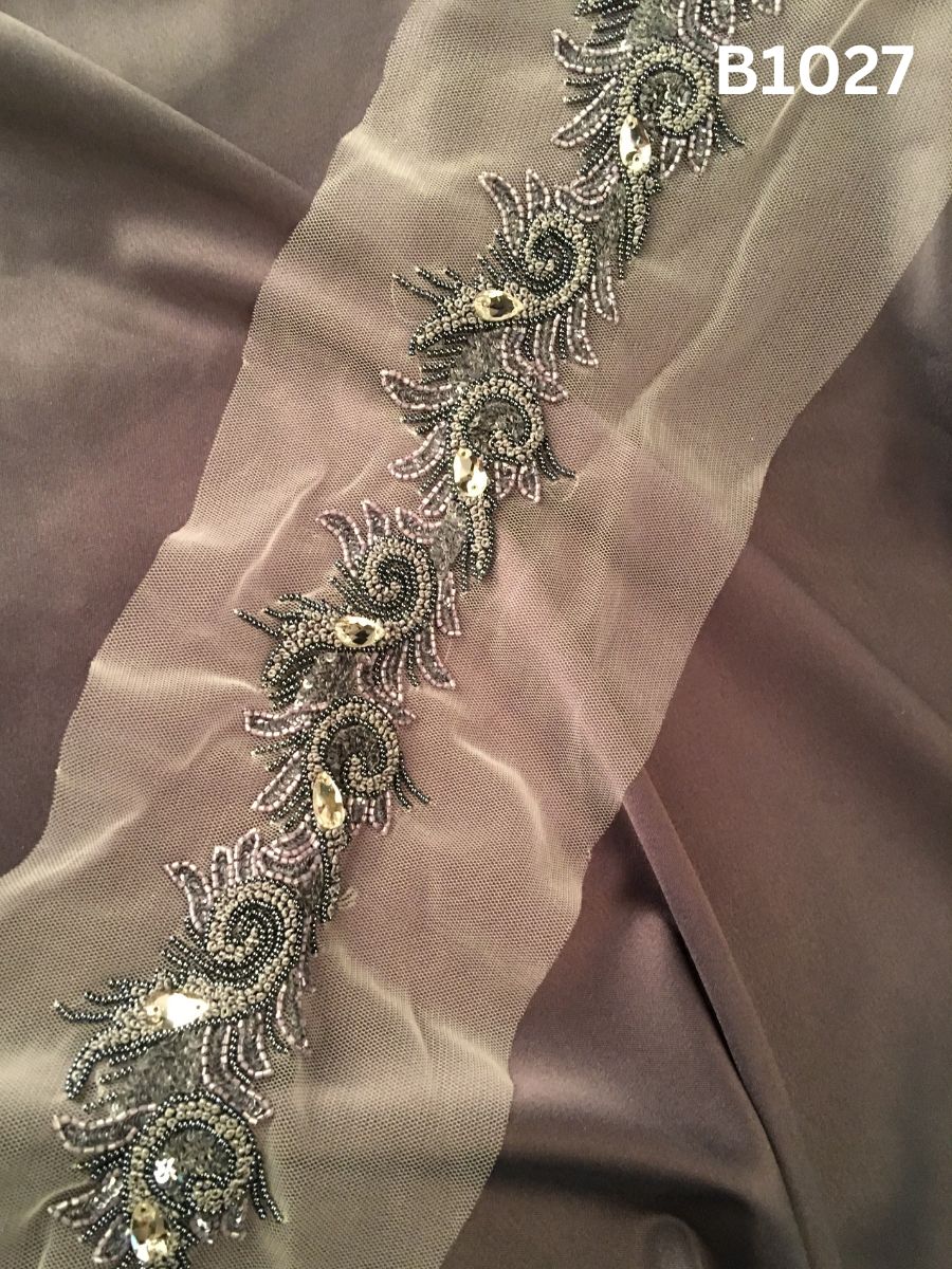 #B1027 Sophisticated Hand-Beaded Trim in Asymmetric Design – Embellished with Beads, Rhinestones, French Knots, and Sequins for Avant-Garde Couture and Luxury Detailing