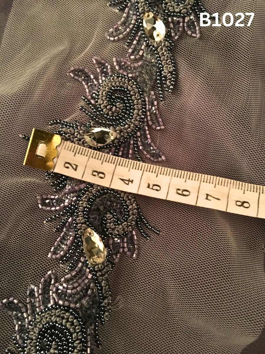 #B1027 Sophisticated Hand-Beaded Trim in Asymmetric Design – Embellished with Beads, Rhinestones, French Knots, and Sequins for Avant-Garde Couture and Luxury Detailing