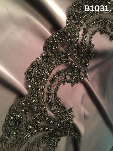 #B1031 Dramatic Hand-Beaded Trim with Intricate Floral Design – Embellished with Rhinestones, Beads, Sequins, and Fine Thread Work for Couture and Luxury Fashion