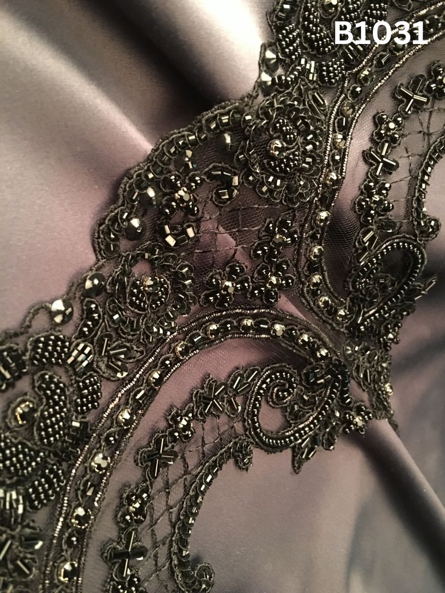 #B1031 Dramatic Hand-Beaded Trim with Intricate Floral Design – Embellished with Rhinestones, Beads, Sequins, and Fine Thread Work for Couture and Luxury Fashion