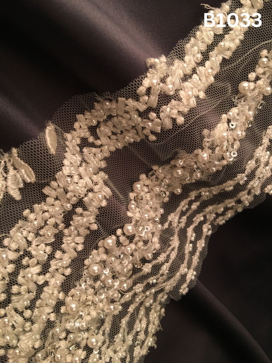 #B1033 Elegant Hand-Beaded Trim Featuring Delicate Floral Motifs