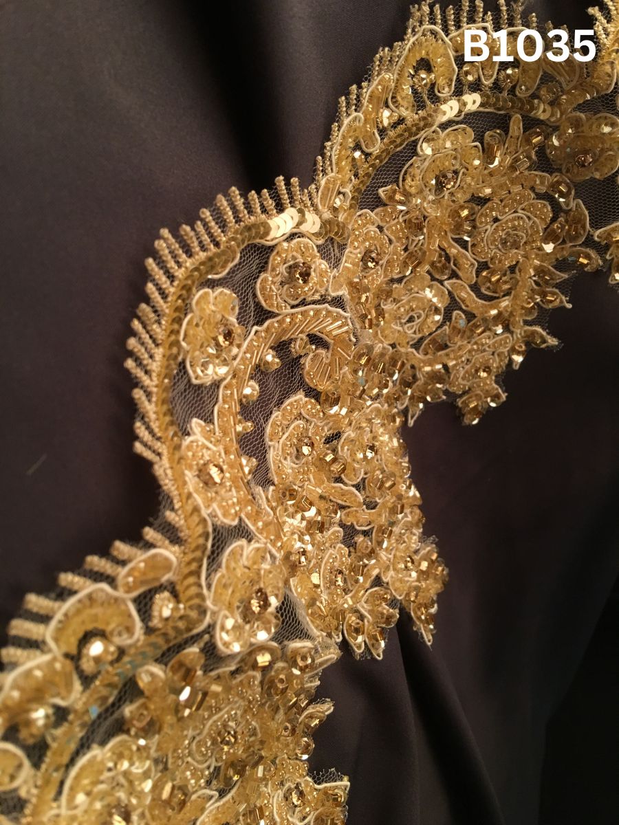 #B1035 Luxurious Hand-Beaded Trim with Ornate Floral Design