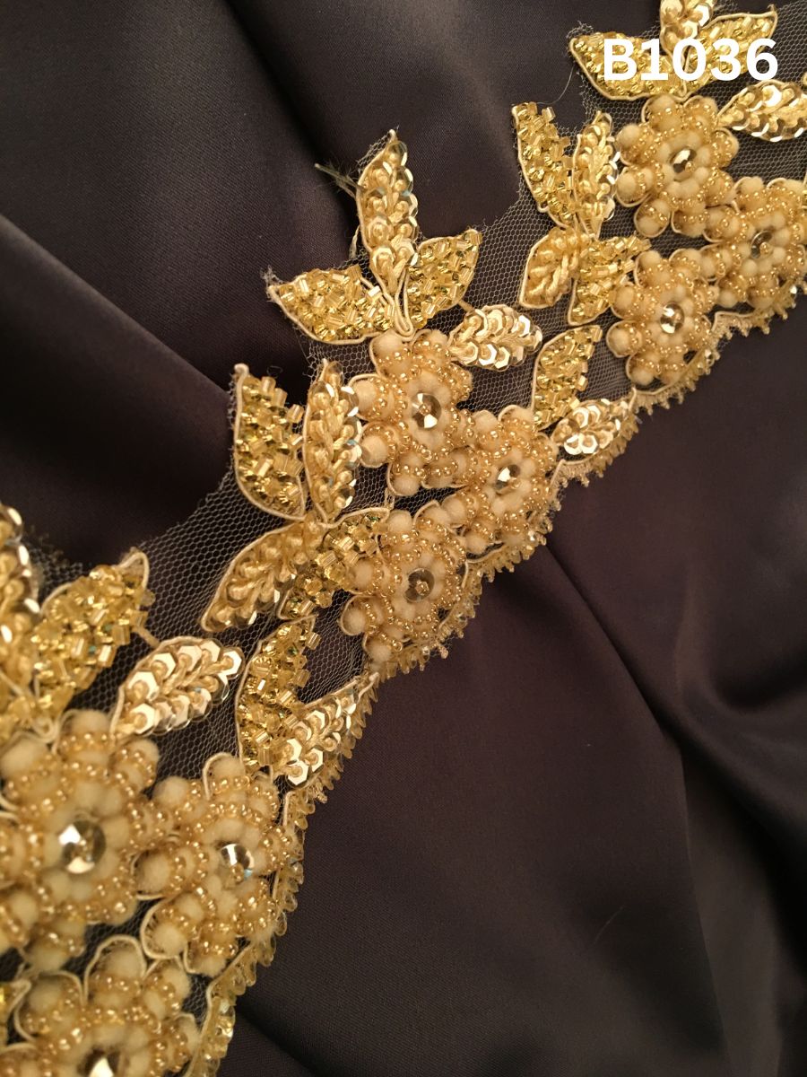#B1036 Opulent Hand-Beaded Trim Featuring Intricate Floral Motifs
